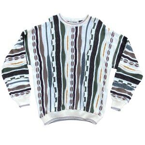 Vintage Le Tigre Coogi Style Sweater Stripe Grunge 3D Textured 90s Grandpa-XL